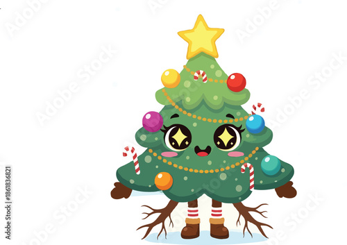 Cute Cartoon Christmas Tree Character with Ornaments and Gold Star in Snowy Winter Landscape