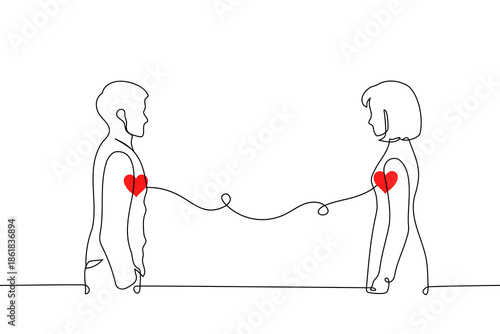 One line drawing of a man and a woman standing opposite each other with a wavy line connecting their hearts. love, emotional bond, and deep connection between a couple on white