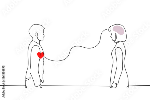man with a red heart and a woman with a purple brain standing opposite each other - Continuous one line drawing. empathy, emotional intelligence, and the connection between heart and mind