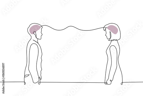 man and a woman standing opposite each other with a wavy line connecting their brains. telepathic communication, mental connection, and psychological understanding between people on white