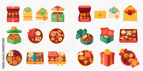 Collection of festive gift boxes, envelopes, and trays filled with sweets and nuts for celebrations.