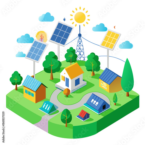 Sustainable community with solar panels isometric illustration