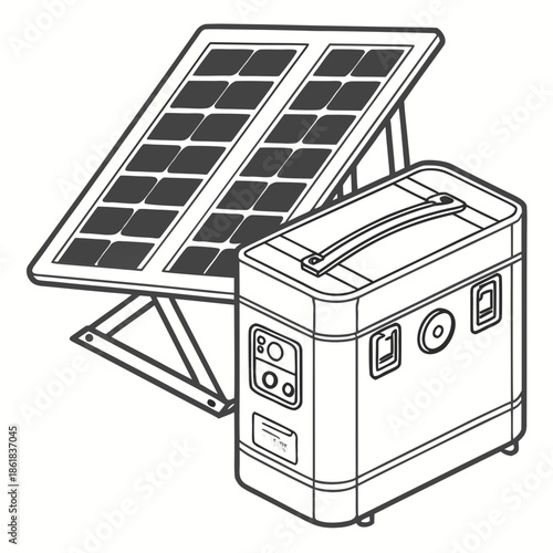 Portable solar power station and panel line art illustration