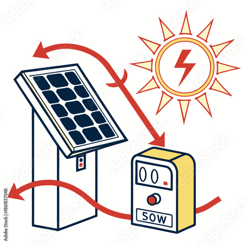 Renewable energy flow diagram with solar panel and inverter