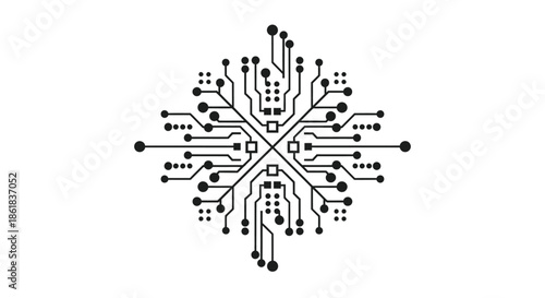 A stylized circuit board design in the shape of a snowflake on a white background