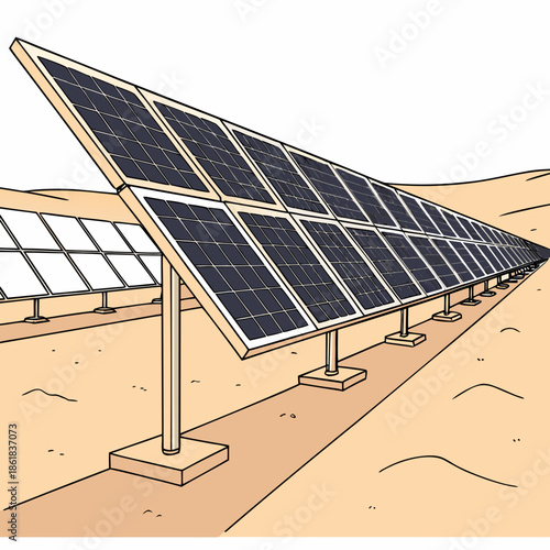Illustration of a large solar panel array in a desert landscape
