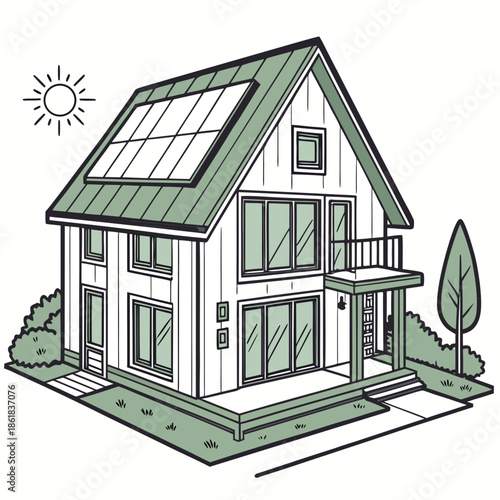Modern house illustration with solar panels and green energy theme