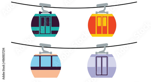 A colorful illustration of cable cars suspended in the air