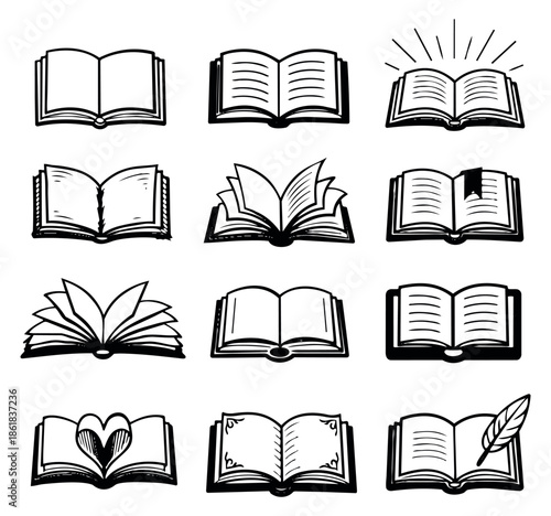 Hand drawn line art book set featuring various open books depicting reading, knowledge, and learning for education