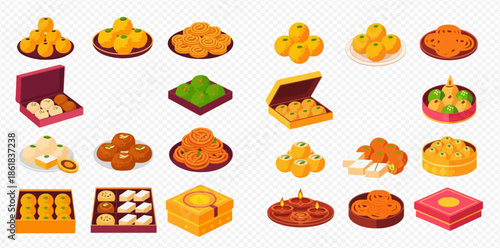 Collection of traditional Indian sweets and desserts, including various types of ladoo, barfi, and other festive treats, presented in boxes and on plates.