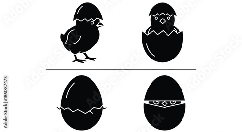 A set of four black and white illustrations of a chick hatching from an egg
