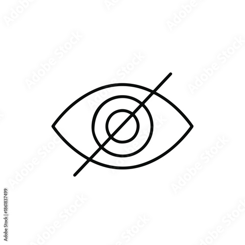 A minimalist outline icon of a human eye with a diagonal line through it, symbolizing blindness or privacy, set against a clean white background with a simple UI design.