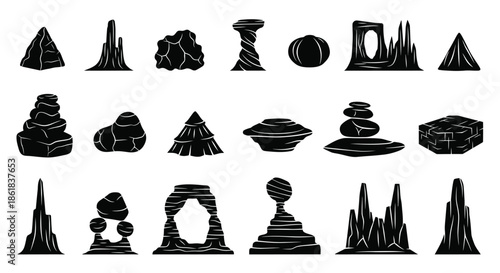A collection of various black rock formations on a white background