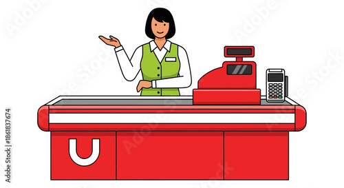 A smiling woman standing behind a red checkout counter in a store