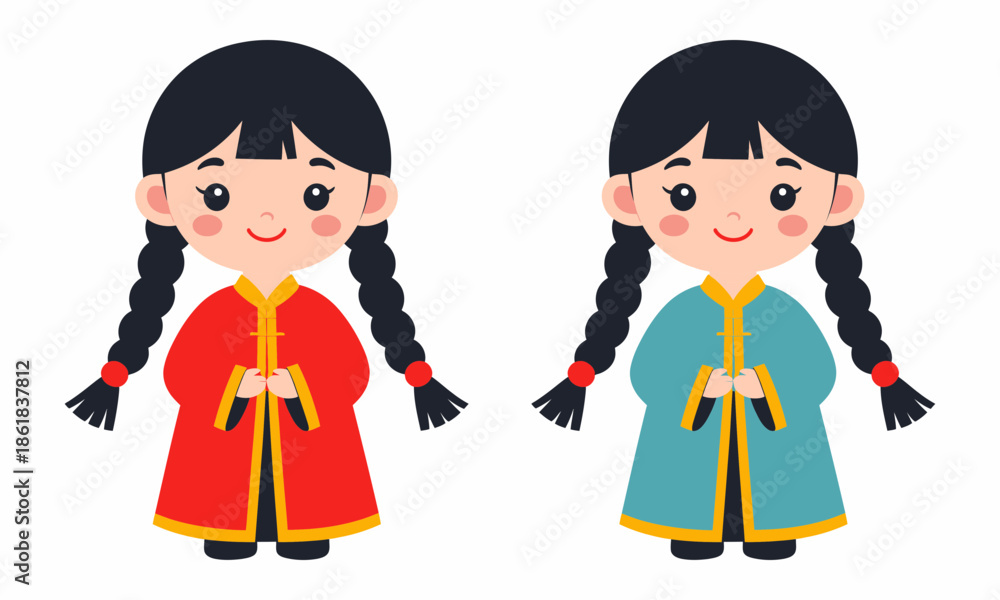 Fototapeta premium cartoon girls in traditional Korean hanbok dresses.