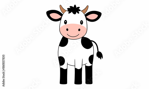 Cartoon cow with black spots on white background.