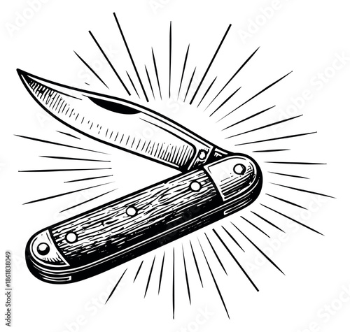 Hand drawn line art illustration of a pocket knife depicting an open blade with a radiating burst for outdoor adventure