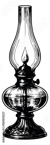 Hand drawn line art illustration of an oil lamp depicting a lit flame for illumination and decor