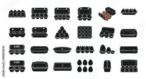 A collection of various egg cartons and containers on a white background