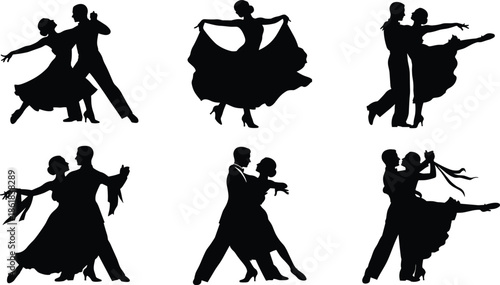 Elegant ballroom dance couple silhouette set showcasing romantic waltz tango poses for wedding love celebration performance illustration design