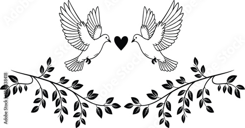 Elegant dove pair illustration with heart and floral branches symbolizing love peace romance wedding invitation minimalist line art
