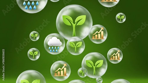 Eco-friendly business growth concept with green leaves and bubbles
