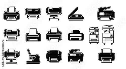 A collection of various office printers and copiers in black and white