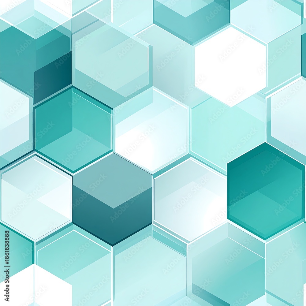 Fototapeta premium Luminous geometric pattern featuring interconnected teal and white hexagons creating a modern digital abstract background with subtle glowing effects and dynamic depth