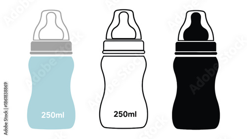 Three baby bottles in blue, white, and black, showing different designs and volume markings