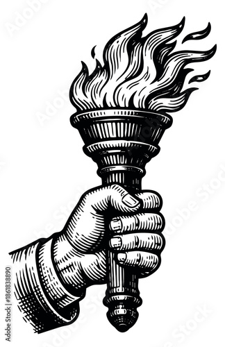 Engraved style hand drawn line art illustration of a hand holding a burning torch depicting concepts of freedom and enlightenment for historical and symbolic designs