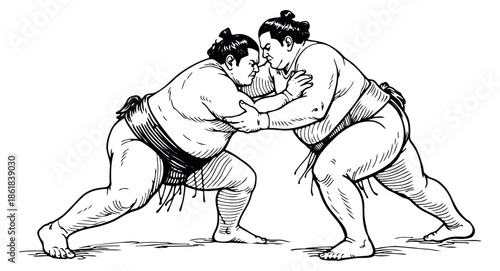 Hand drawn line art illustration of two sumo wrestlers depicting a grappling match for traditional Japanese sport