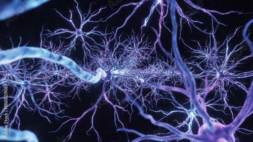 Glowing neurons in a neural network with vibrant purple and blue hues