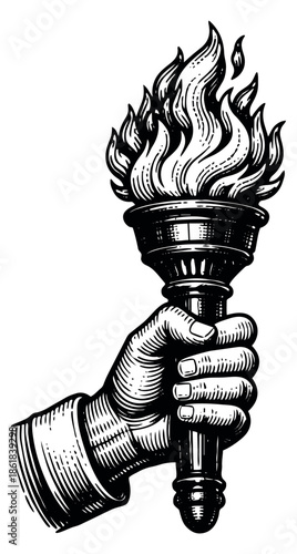 Woodcut style illustration of a hand holding a flaming torch depicting concepts of enlightenment for inspirational designs