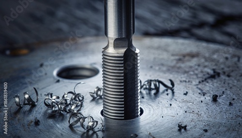 A close-up shot of a metal tap tool cutting threads into a metal plate, surrounded by metal shavings.