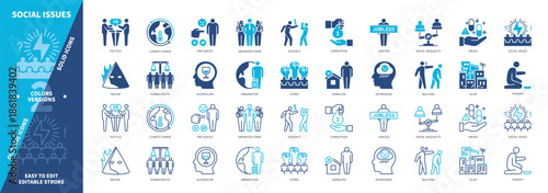 Social Issues icon set. Jobless, Corruption, Depression, Prejudices, Climate Change, Drugs, Homeless, Strike. Duotone color solid and editable outline icons