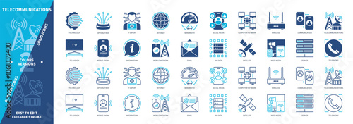 Telecommunications icon set. Bandwidth, Optical Fiber, Internet, Mass Media, Mobile Phone, Email, Television, Server. Duotone color solid and editable outline icons