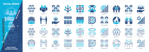 Social Group icon set. Society, Relationship, Community, Structure, Coordination, Values, Behavior, Ethnic. Duotone color solid and editable outline icons