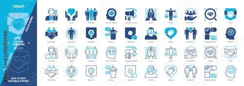 Trust icon set. Confidence, Freedom Press, Reliable, Sincerity, Honesty, Friendship, Distrust, Clarity. Duotone color solid and editable outline icons