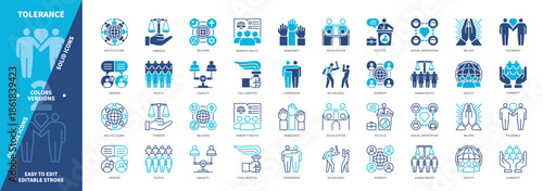 Tolerance icon set. Democracy, Minority Rights, Diversity, No Violence, Religion, Equality, Humanity, Opinion. Duotone color solid and editable outline icons
