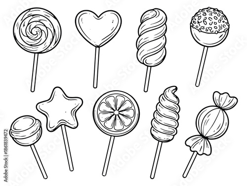Hand drawn line art candy and lollipop set featuring various shapes and styles for sweet treats and celebration designs
