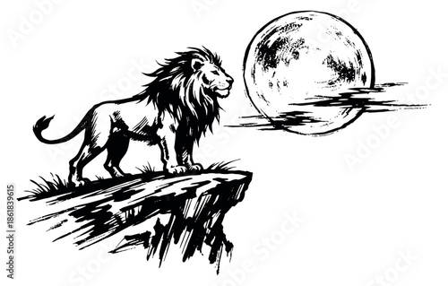 Hand drawn line art illustration of a wild lion depicting it standing on a cliff overlooking a full moon for nature and strength concepts