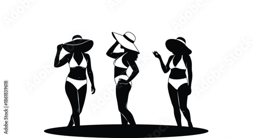 Three women in bikinis and hats standing in a row in black silhouette