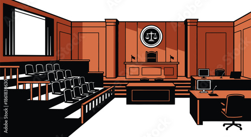 A modern courtroom with a judge's desk and empty seats for jurors and spectators
