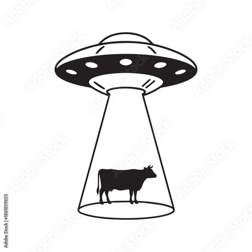 UFO Alien Spaceship Abducting a Cow With a Light Beam Vector Illustration.