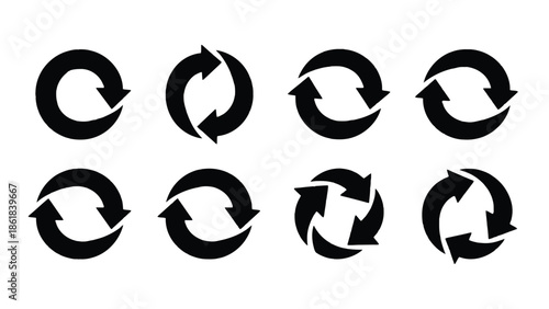 Collection of diverse circular arrow icons symbolizing recycling and rotation