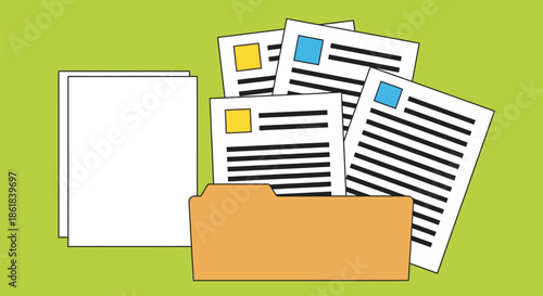 A cartoon illustration of a file folder filled with documents and papers
