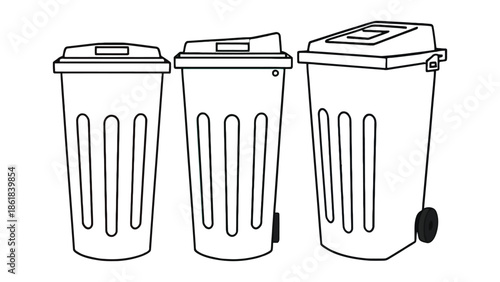 Three lined illustrations of wheeled trash cans with lids