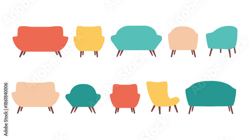 Collection of colorful mid-century modern armchairs and sofas on a white background