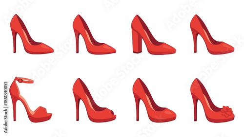 Collection of stylish red high heel shoes showcasing different designs and heel heights.