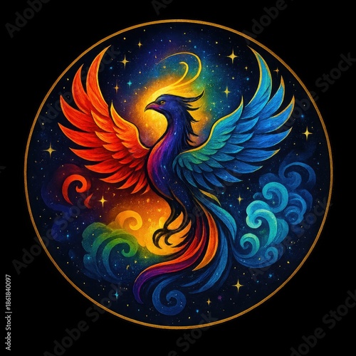 Celestial Phoenix Illustration with Vibrant Rainbow Wings Against a Starry Galaxy Sky
